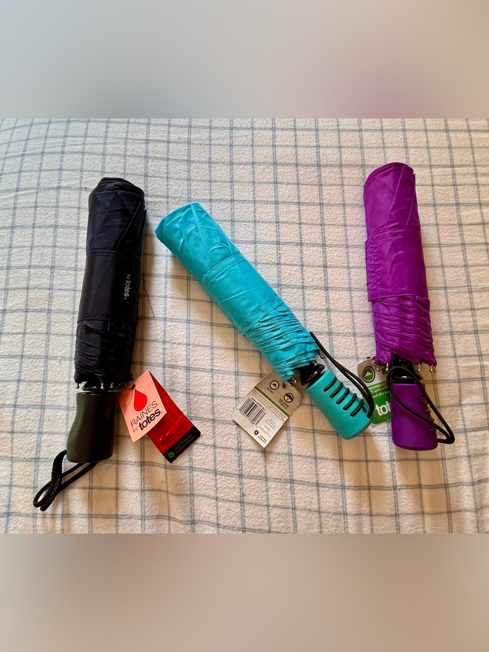 Totes Umbrellas Lot of 3 NWT Auto Open Mini Raines Black Aqua Purple 42”